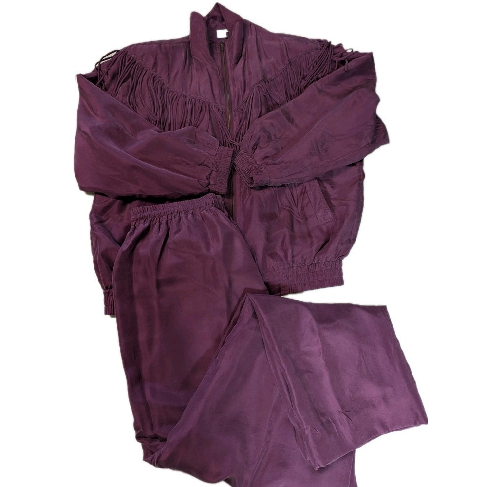 Vtg 90s FUDA International 100% Silk Fringe Tracksuit Set Eggplant Large 2pc...